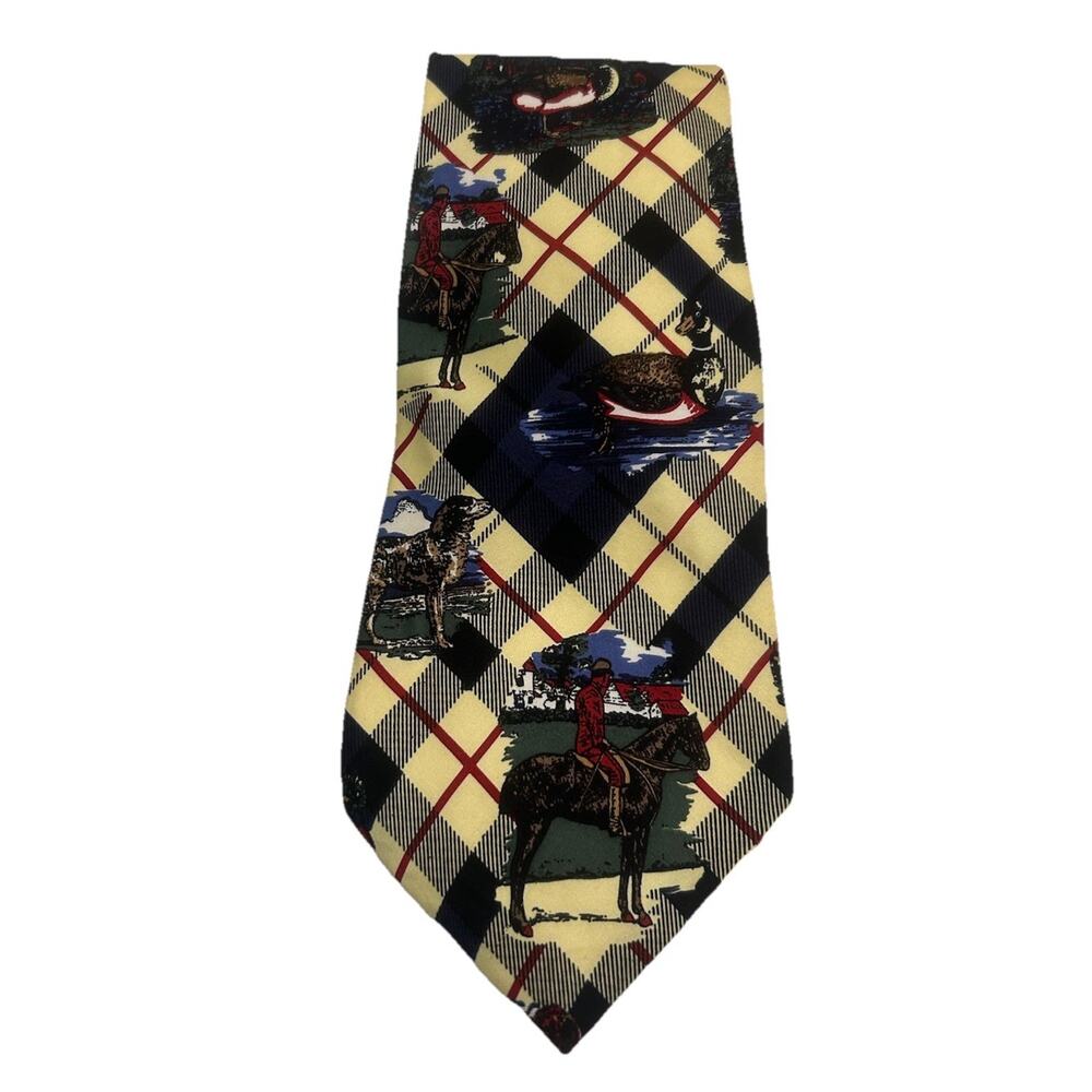 Italian Men’s Silk Tie‎ 4” Yellow Plaid Equestrian Duck Hunting Bird Dog Desire